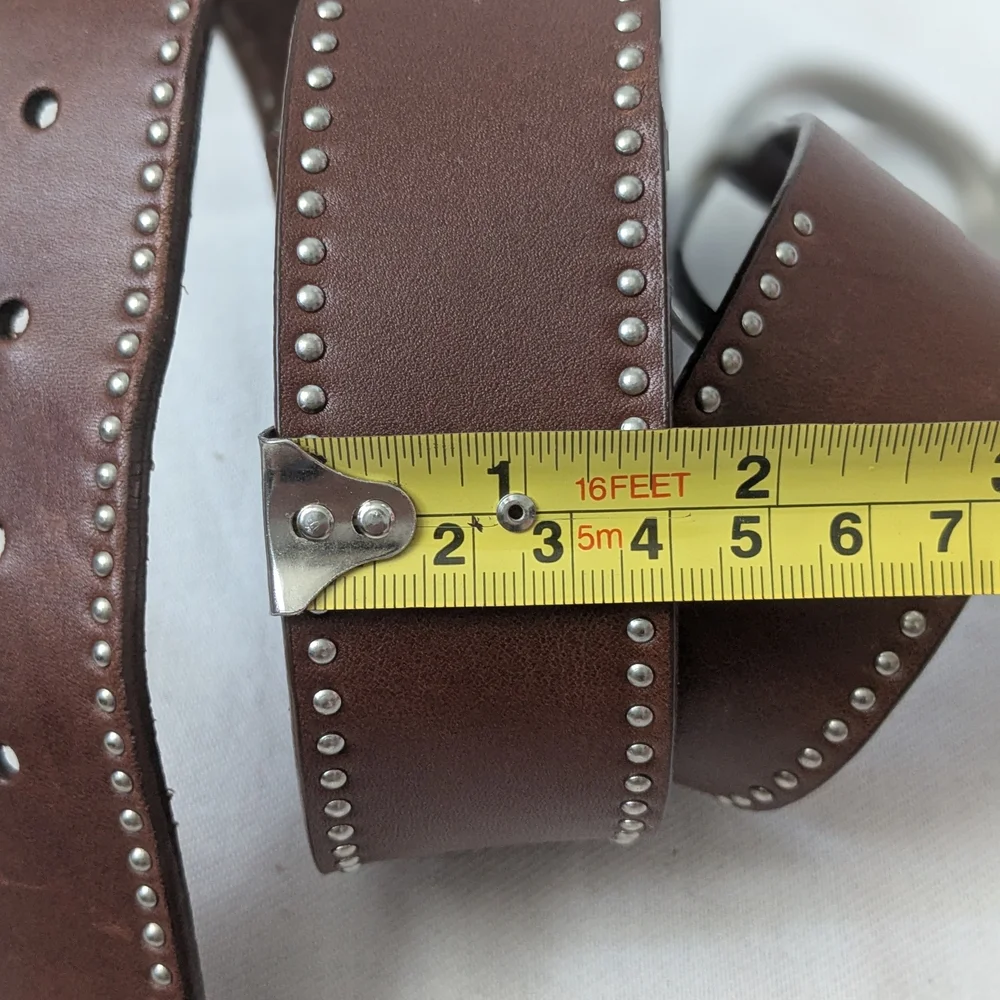 Calvin Klein Jeans Brown Genuine Leather Studded Wide Belt Curved Silver Buckle